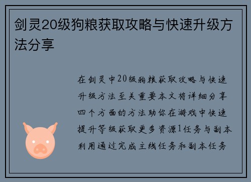 剑灵20级狗粮获取攻略与快速升级方法分享