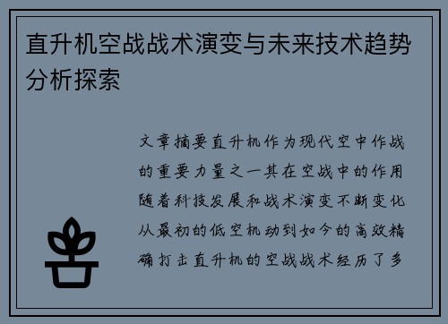 直升机空战战术演变与未来技术趋势分析探索 直升机空战战术演变与未来技术趋势分析探索